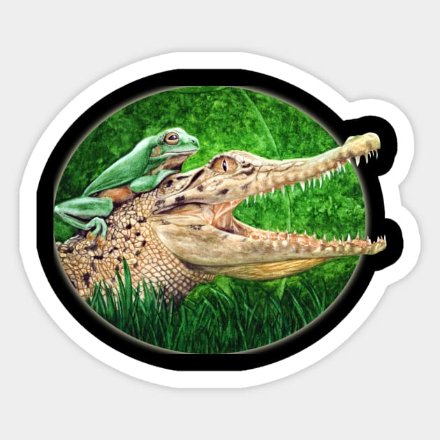 Crocodile Wearing a Frog as a Hat Sticker by Sherrie Spencer Studios